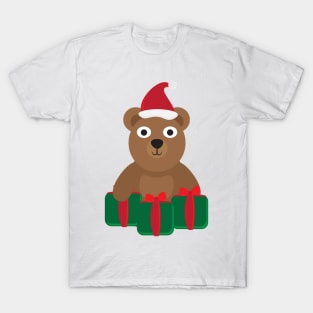 Cute Cartoon Bear with Santa Hat and Green Red Gifts T-Shirt